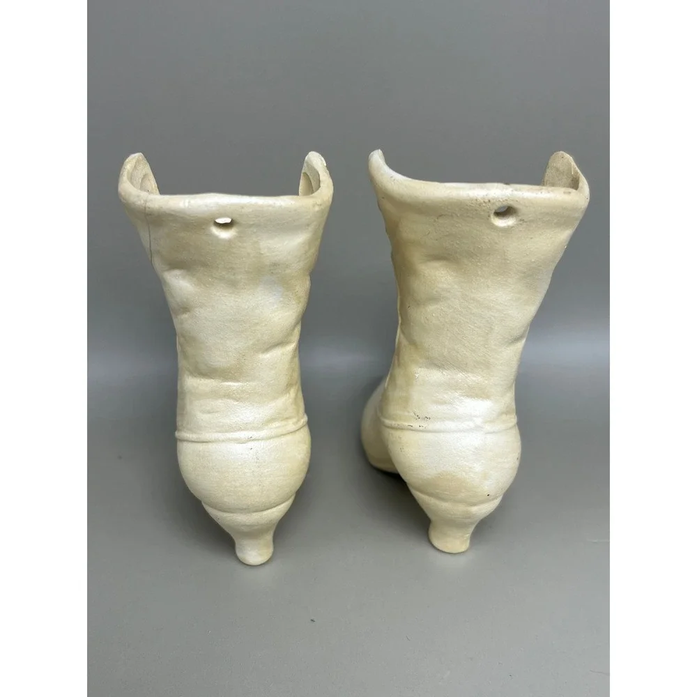 Vtg Victorian Ceramic Boot Wall Pocket Vases Cream Pearlized Pair 3.25